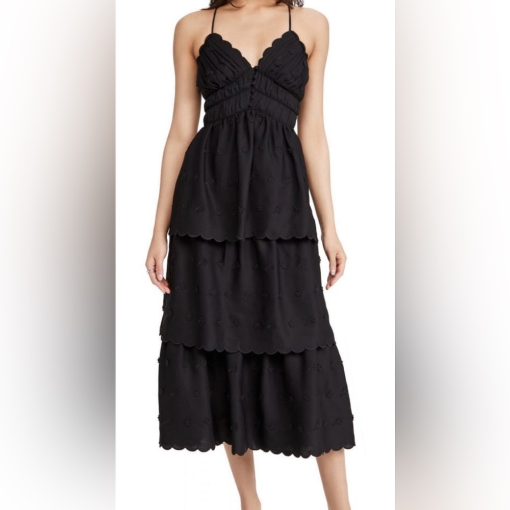 Self-Portrait Black 3D flower tiered midi dress
